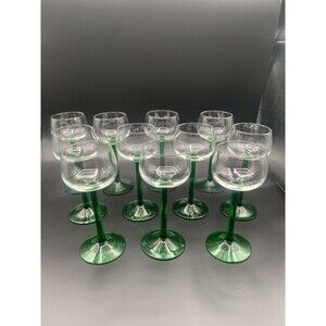 Vintage Luminarc France Green Stem Wine Glasses – 6.25" Smooth Bowl – Set of 11